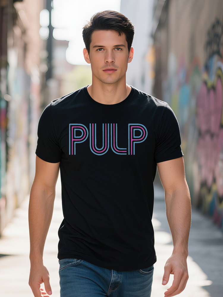 Graphic T Shirt PULP Neon Blue Pink on Black Round Neck Summer Regular Fit Versatile Casual Attire Ideal Men's