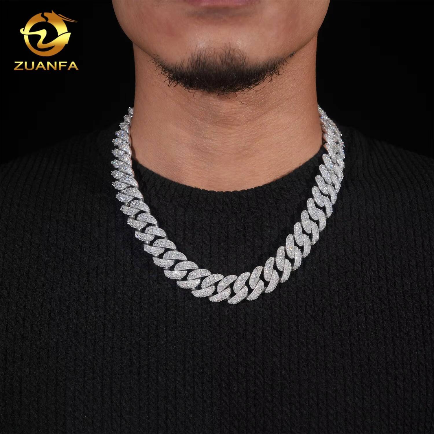 Iced Out Jewelry Hip Hop 3 Rows 18mm Width 925 Sterling Silver VVS Moissanite Diamond Miami Cuban Link Chain