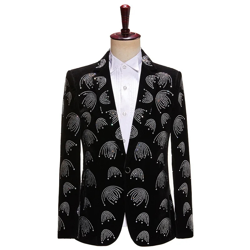 Black Velvet Rhinestones Suit Jackets Male Banquet Prom Groom Wedding Blazers Slim Fit Bar Concert Singer Host Tuxedo Stage Coat 250811