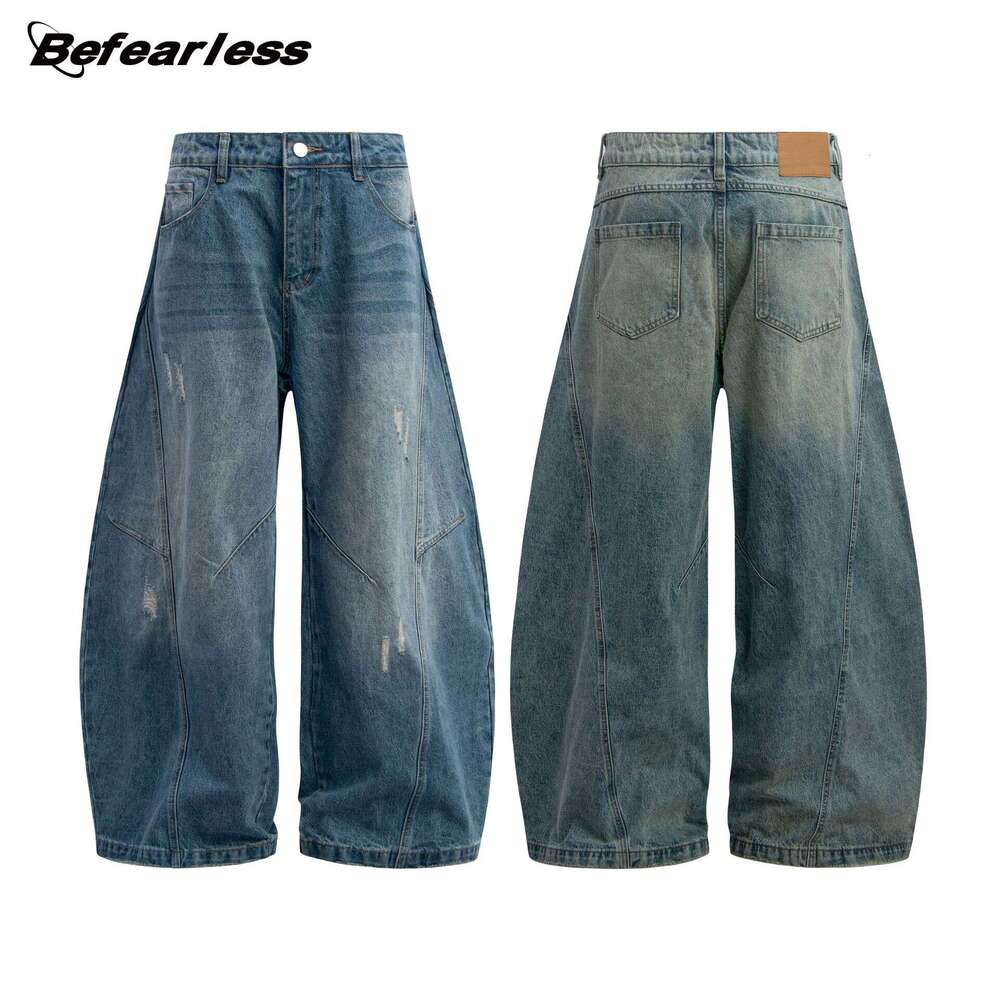 American Style Washed Vintage Cat Whisker Silhouette Jeans Unisex Trendy Loose Fit Floor-Length Scythe Pants B5