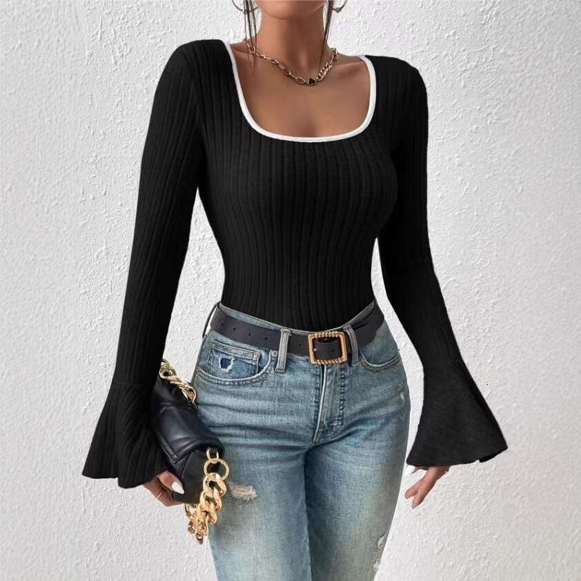 Solid Color Velvet Ribbed Women's Long designer t shirt Flared Sleeve Base Shirt Slim Fit