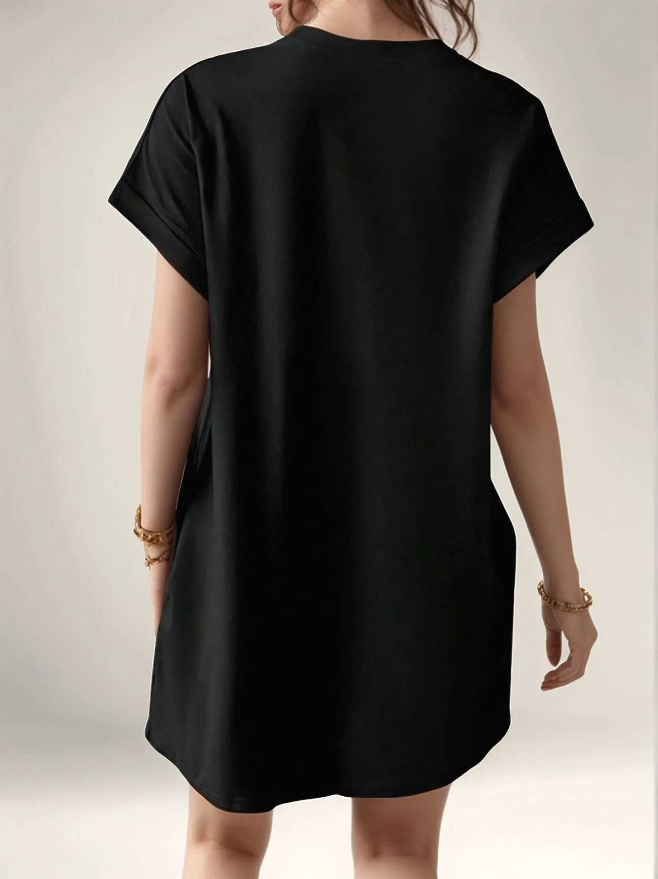 2025 European and American new casual solid color round neck batwing sleeve invisible pocket loose short sleeve dress XJ250814