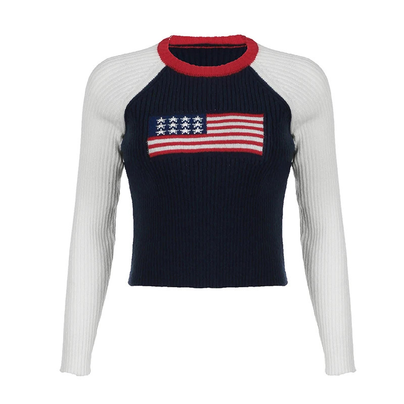 Flag Graphic Colorblock Long Sleeve Sweater Fall Winter Slim Fit Round Neck Short Pullover Casual Fashion Knitwear for Women 250808