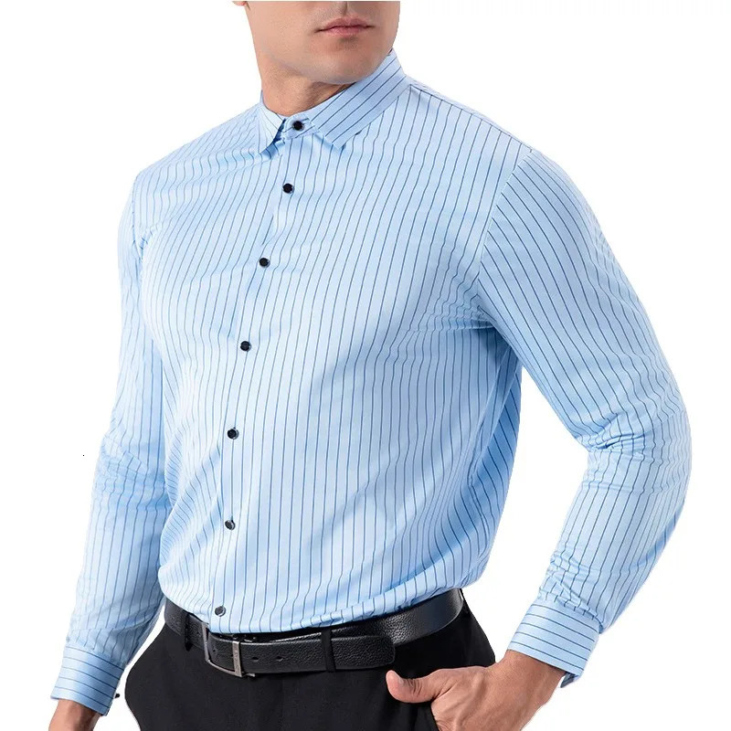 Spring Elastic Striped Shirt Mens Business Casual Shirt No Iron Long Sleeved Seamless Shirt Dress Shirts Basic Tops 250813