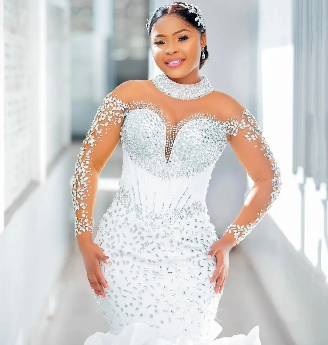 2025 New African Wedding Dress High Collar Crystals Beads Cascading Ruffles Organza Bridal Bride Gowns Vestidos De Noiva