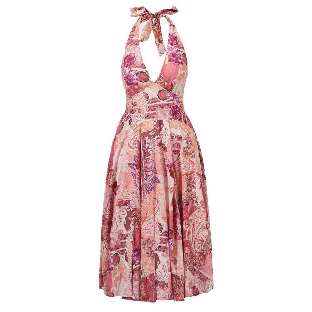 Floral Print Halter High Waist Flowy Midi Dress for Beach School/Graduation Evening Dating Backless XJ250814