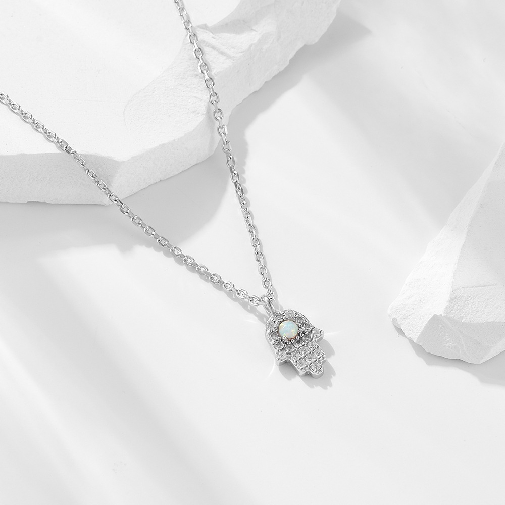 Pure Sier Fatima Hand Necklace for Women, Niche Ins Style, Inlaid with Dias, Opal Mini Palm Collarbone Chain Jewelry for Women