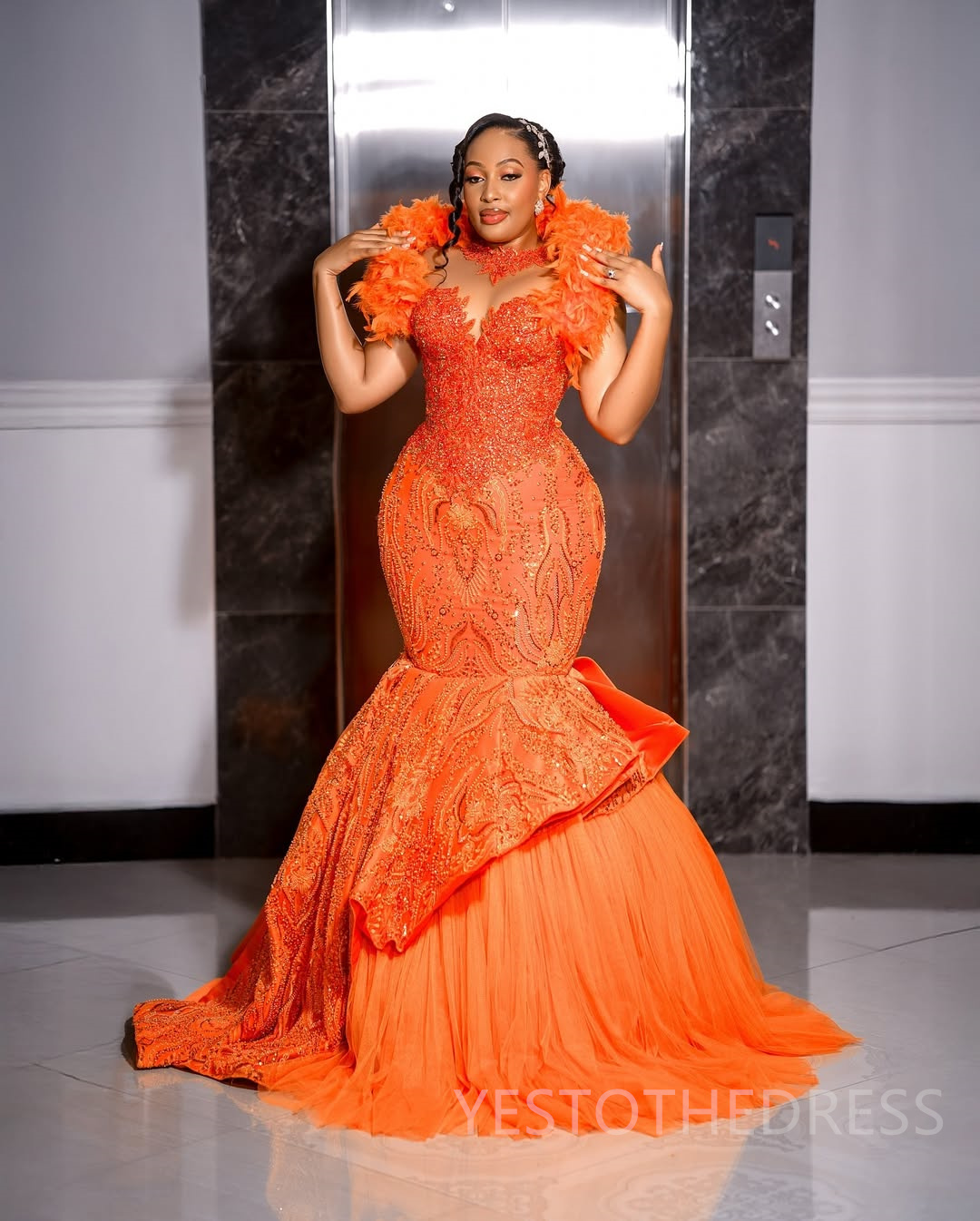 Plus Size Orange Prom Dress 2025 Evening Dresses For Special Occasions High Neck Appliqued Lace Beaded Lace Feathered Birthday Dress Second Reception 