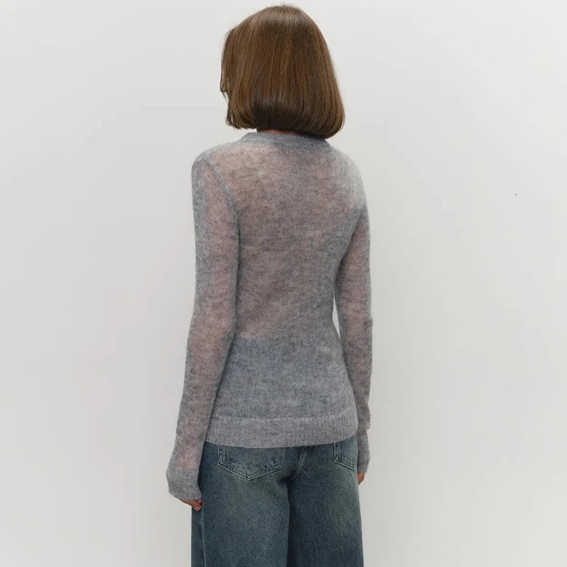 TARUXY Mohair Round Neck Pullover Sweater For Women 2025 Spring Summer Knitted Bottom Semi-sheer Knit Sweater Female Top 250808