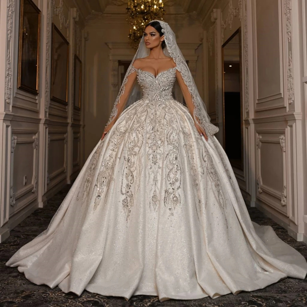 Elegant Sequined Beading Wedding Dress Ball Gown Fashion Off The Shoulder Lace Bridal Dress Customized vestidos de novia