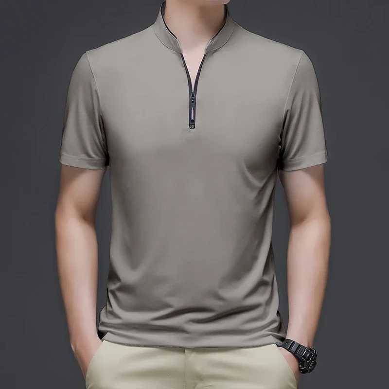 2025 Mens Casual Fashion Solid Color Short Sleeved Polo Shirt Stand Up Collar Versatile Comfortable Top XJ250804
