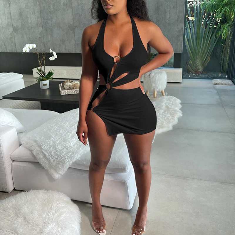 2022 Summer Dresses for Women High Street Stretch Slim Hollow Sexy Mini Bodycon Dress Ele Orange Sleeveless Club Party Sundress XJ250814