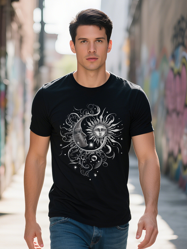 100% Cotton T-Shirt with Artistic Sun Moon Design Soft Breathable Crew Neck Tee Casual Wear Black Graphic Print