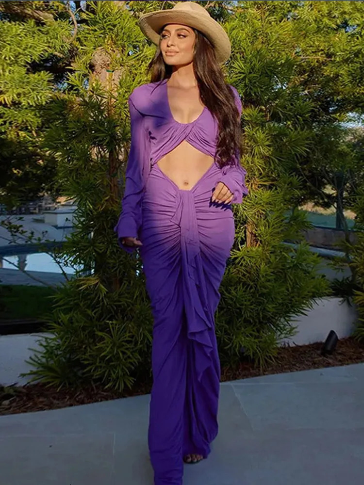 Purple Hollow Out Slim Maxi Dress Women Elegant Deep V Neck Cross Pleated Full Sleeve Long Dresses 2025 Fashion Lady Party Robes 250813