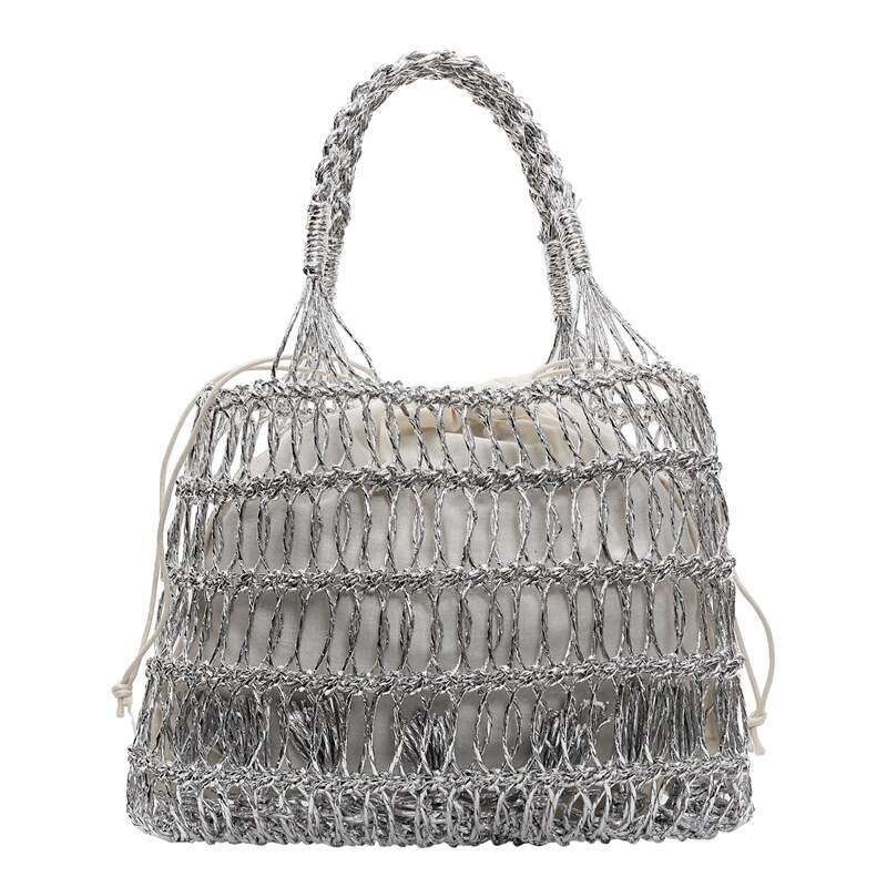 Shiny Korean INS Gold and Silver Thread Holiday Hollow Crochet Woven Personality Beach Handheld Basket Bag for Women