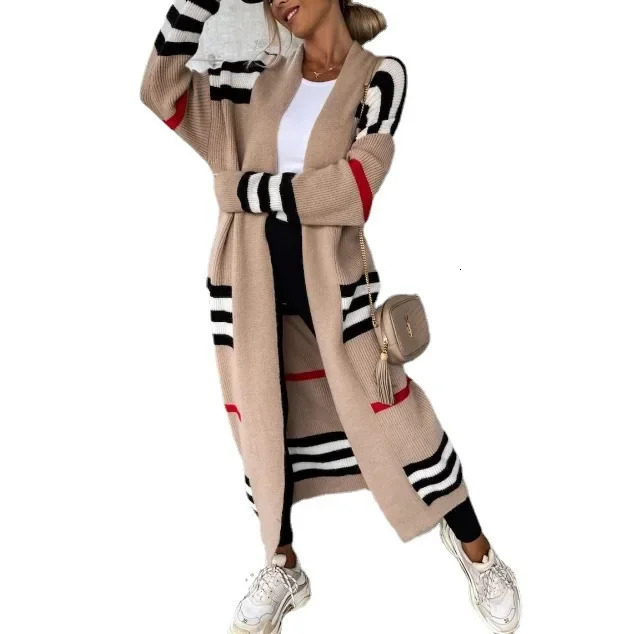 Women Sweater Spring Autumn Cardigan Coats Casual Stripes Knitted Clothe Oversized Long Coat 250812
