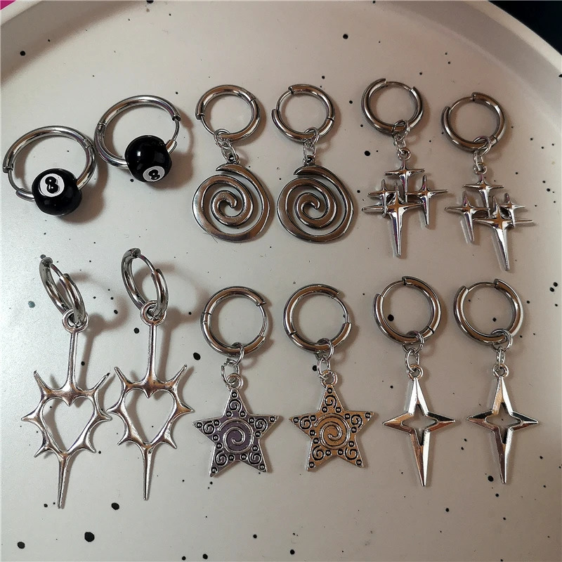 Punk Stainless Steel Spiral Vortex Star Earrings Cool Charms Black 8 Hoop Earring Men Goth Y2K Accessories Grunge Jewelry 250812