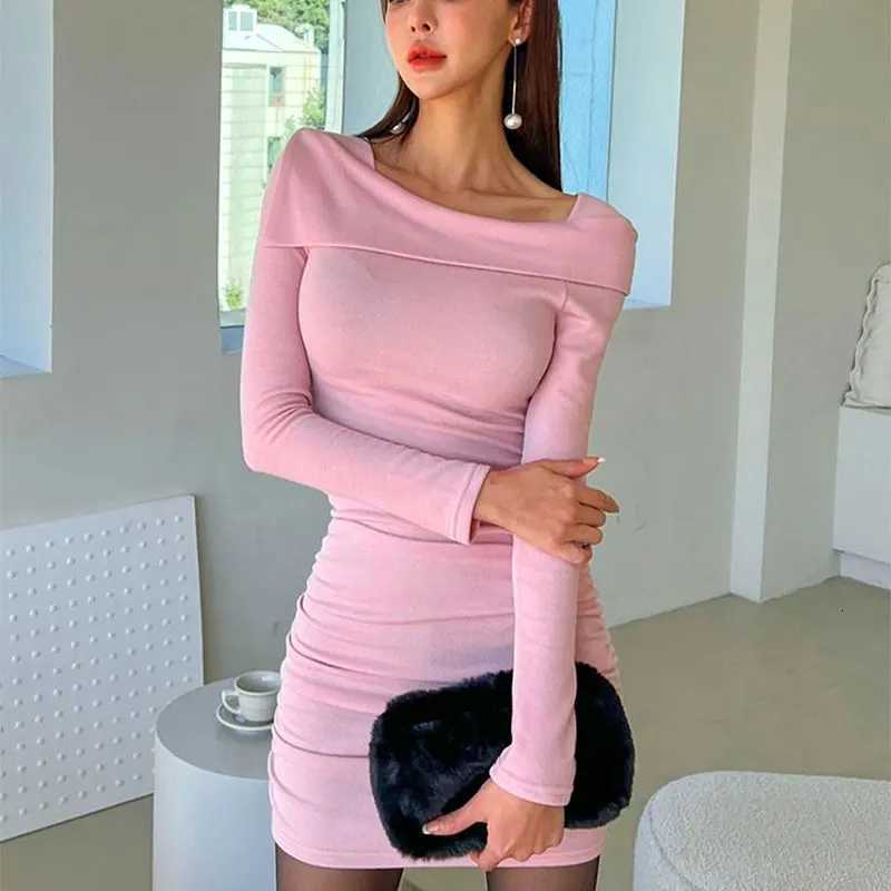 Pink Sweet Dresses New Spring Women Streetwear Fashion O-Neck Long Sleeve Dress Solid Sexy Bodycon Mini Dresses Fe Clothing XJ250814