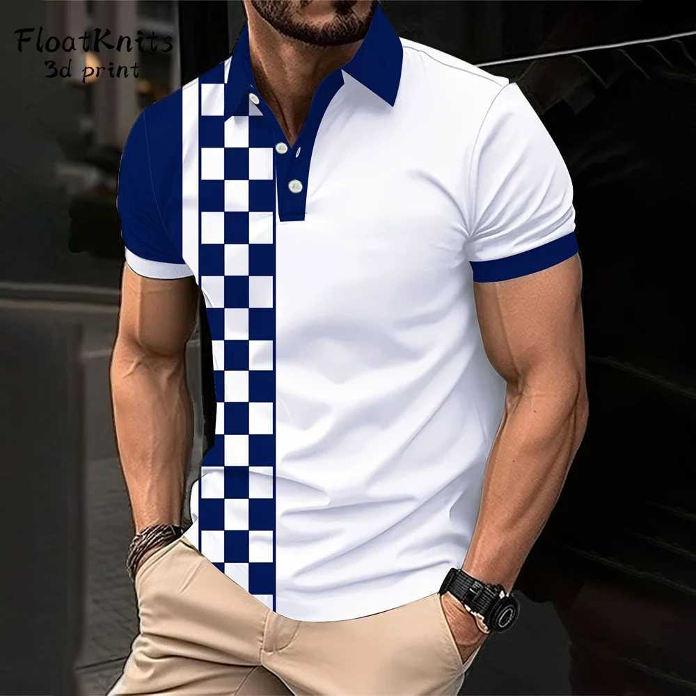 Mens Short Sleeve Polo Shirt Summer Line Plaid Printed Breathable Streetwear Fashion Splicing Mens Casual Shirt New Lapel Tops XJ250804