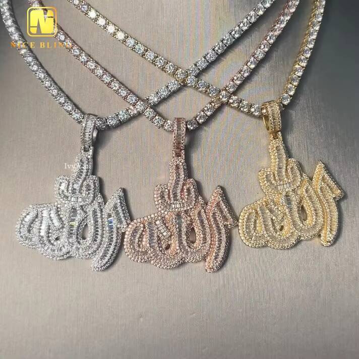 GRA Certificate Custom Made Iced Out Baguette Fine Hip Hop Unisex Jewelry Allah Charms 925 Silver VVS Moissanite Diamond Pendant