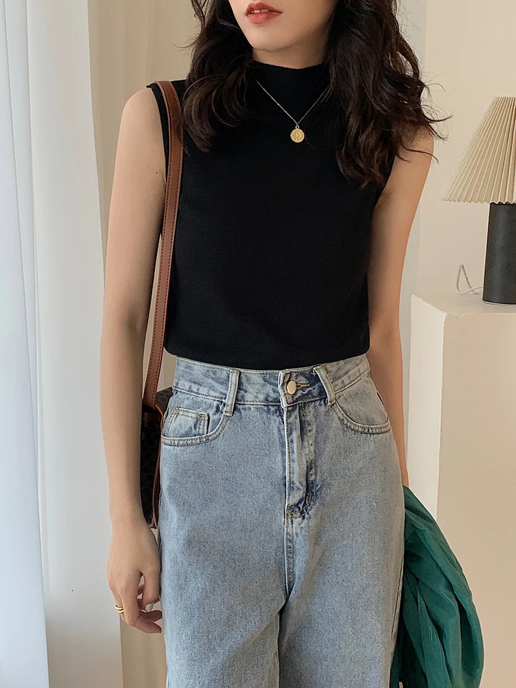 Female Pullover Sexy Knitted Top Summer Half High Collar Tank Top Women Camisole Blouse Sleeveless Slim Top Casual Camis 250813