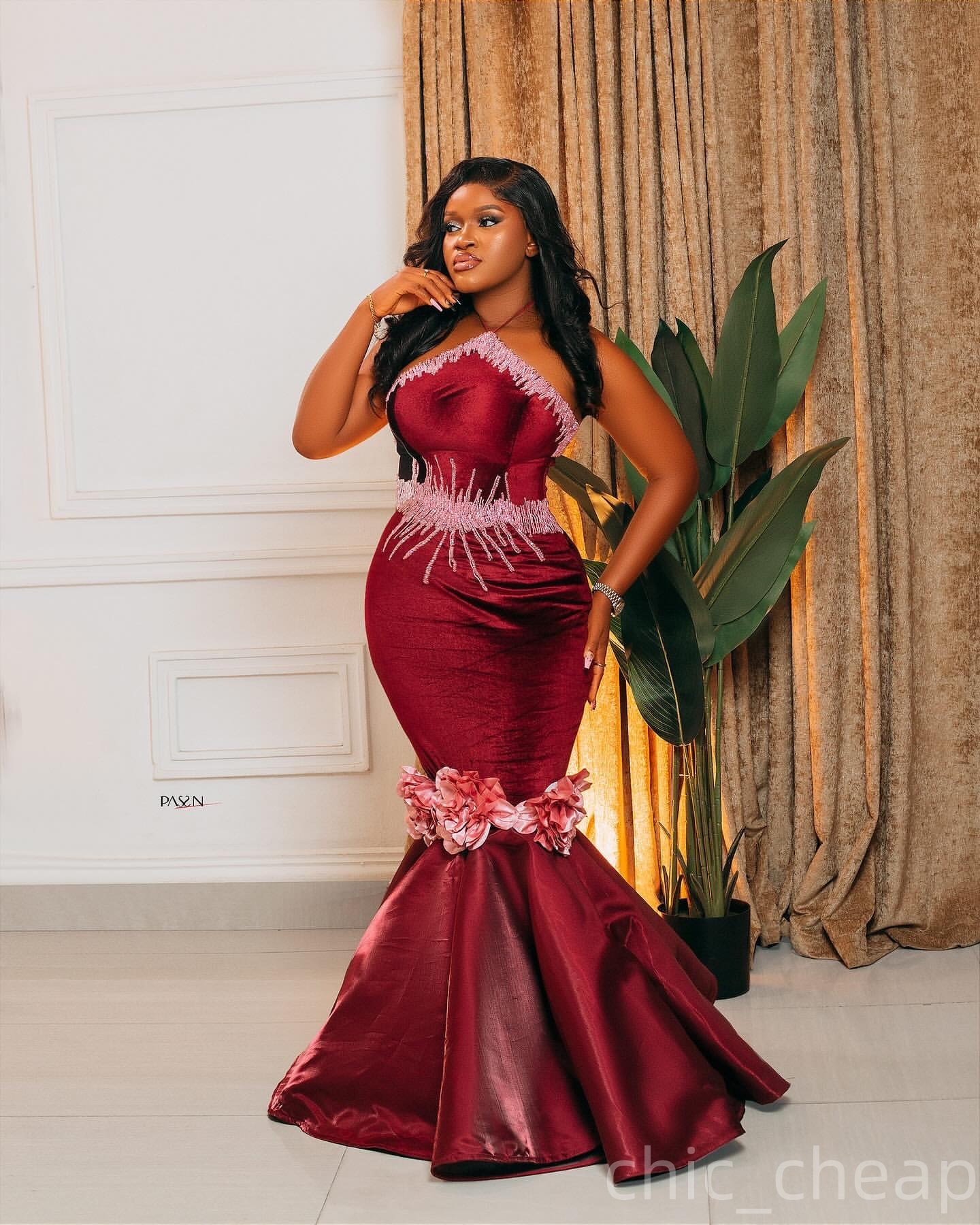 Mermaid Burgundy Prom Dresses 2025 Beaded Flowers Satin Halter Evening Formal Party Second Birthday Engagement Gowns Plus Size Dress For Special Occas