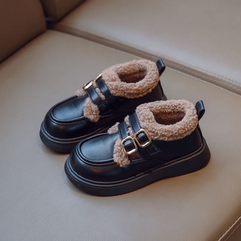 British Style Children Leather Shoes for Girls Winter 2025 Lamb Wool Warm Boys Uniform School Kids Cotton Shoes Kidsnest Plush PU Sizes US5C-US3Y