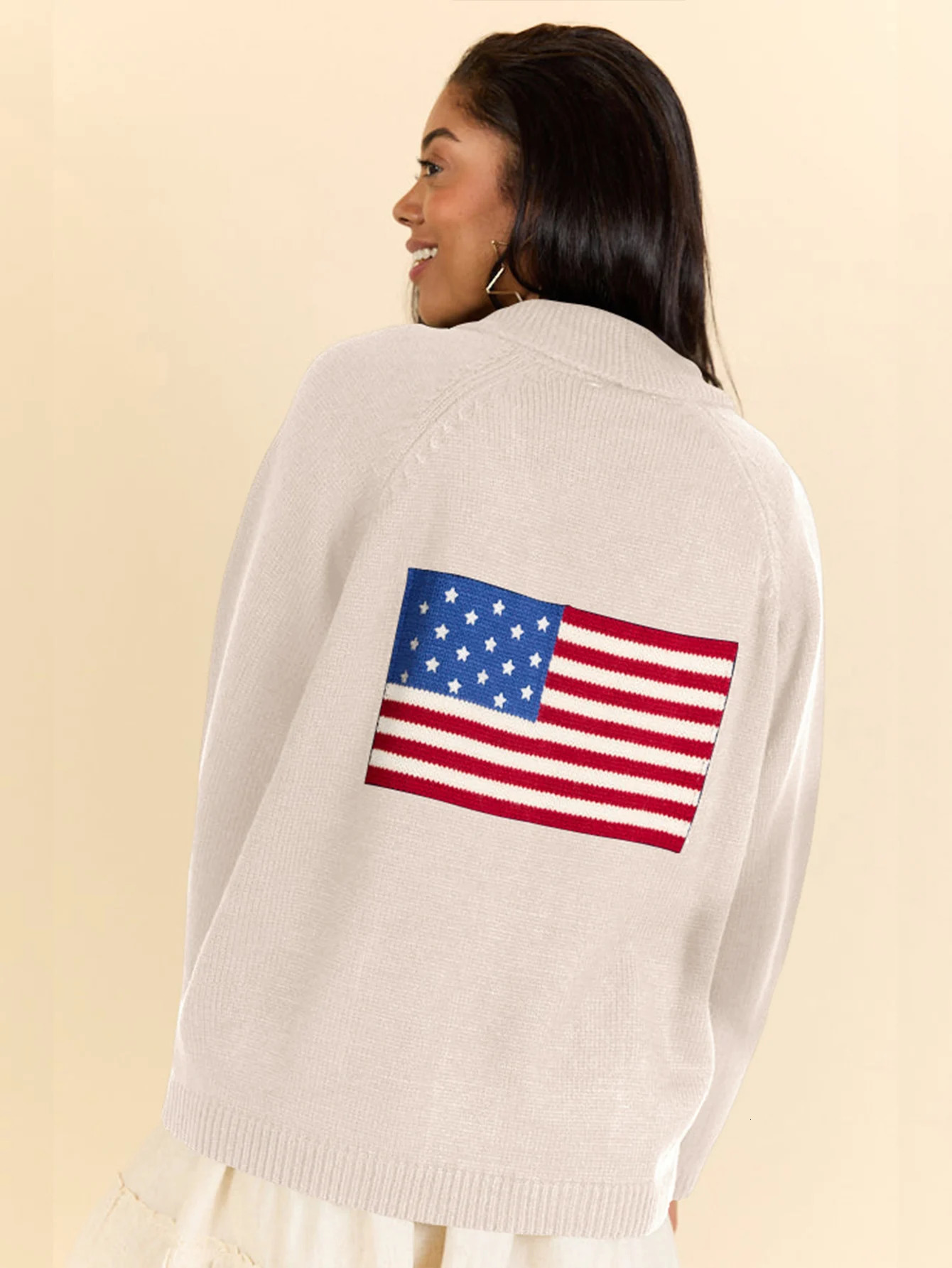 Fall Winter Women Print Cardigan Long Sleeve American Flag Sweater Cardigans Y2K Open Front Button Down Chunky Shawl Knitwear 250808