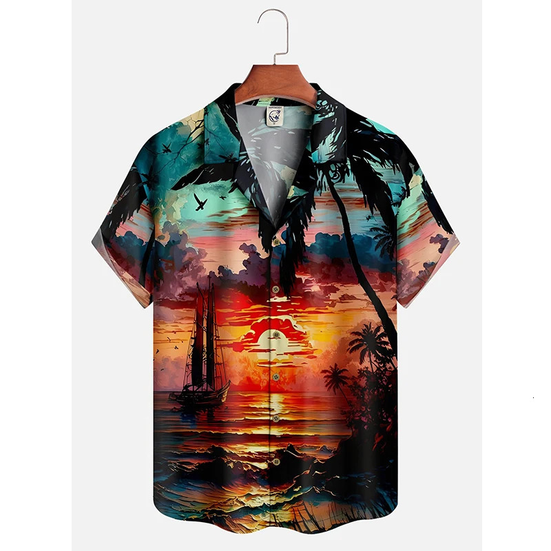 Mens Hawaii Summer Dusk Pattern Casual Shirt 3D Beach Funny Short Sleeve Womens Clothes Blouse Floral Y2k Tops 4XL 250804