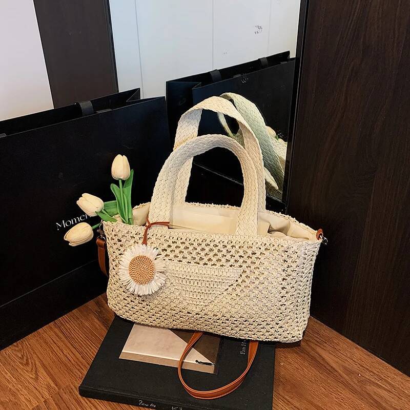 MOODS Summer Beach Straw Top-handle Bags For Women Handmade Woven Design Shoulder Crossbody Satchel Bag With Flower Pendant high-quality