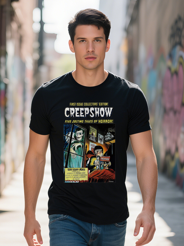 Men S Graphic T Shirt Creepshow Five Jolting Tales Collection Casual Crew Neck Tee with Spooky Poster Design Perfect