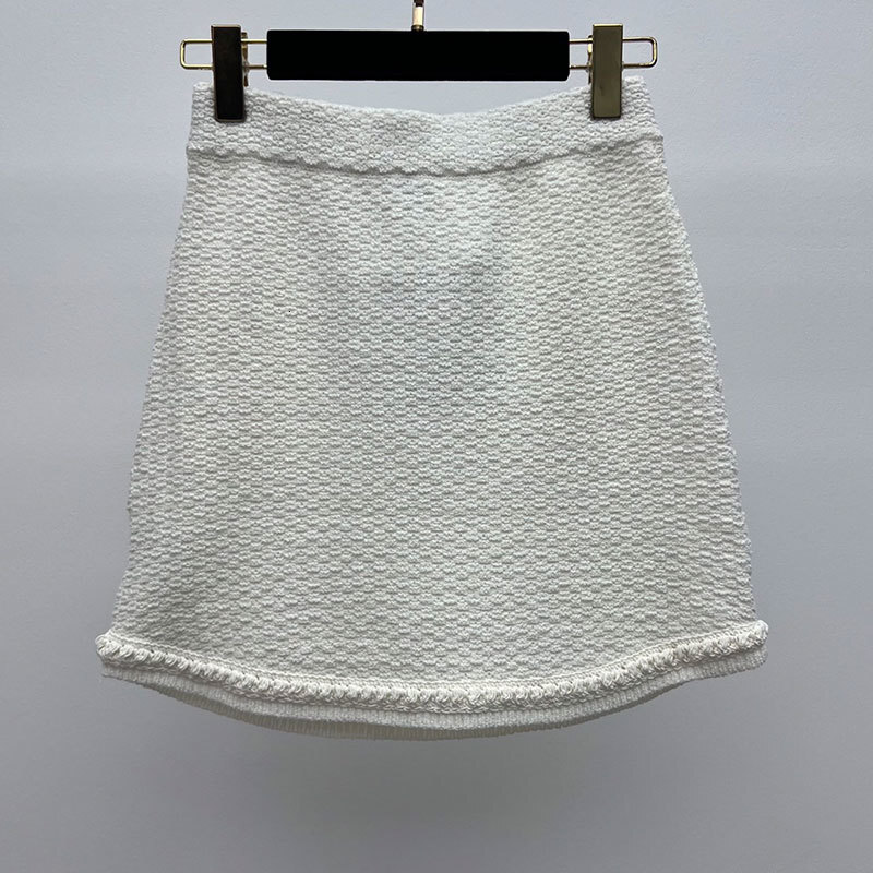 Ladies' Pink Cotton Knit Skirt Fashion Runway Crochet-Trim Elastic Waist Mini Skirt with Pearl Buttons Classic Stylish Streetwear Clothing S0839