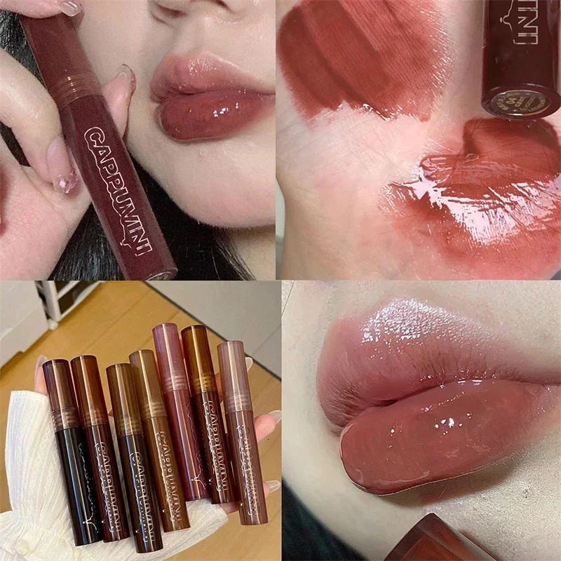 7 Colors Pink Mirror Water Lip Gloss Dark Brown Lip Oil Waterproof Non-stick Cup Liquid Lipstick Nude Brown Clear Tint Makeup 250812
