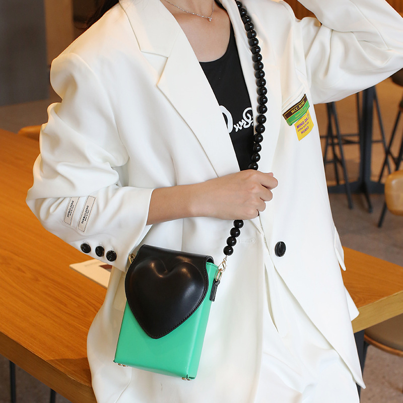 Korean Style Textured Single Shoulder Crossbody Black Peach Heart Phone Simple Versatile Beaded Small Square Bag for Women