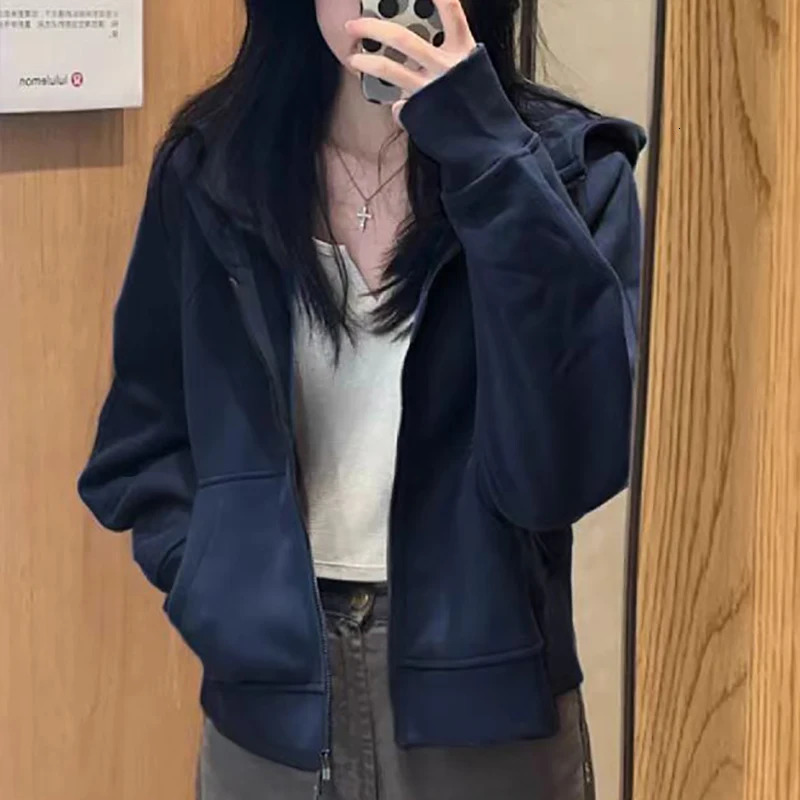 Female Casual Koreanstyle Jacket Allmatched Zipper Long Sleeve Hooded Sweatshirts Outer Pockets Sports Short Open Cardigan 250813
