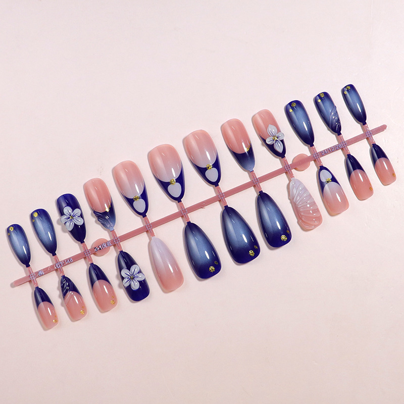 2025 Trendy Handmade Medium Al Press On 10Pcs 3D Blue Flower Design False Nails with Adhesive Glue & Nail File Set X250814
