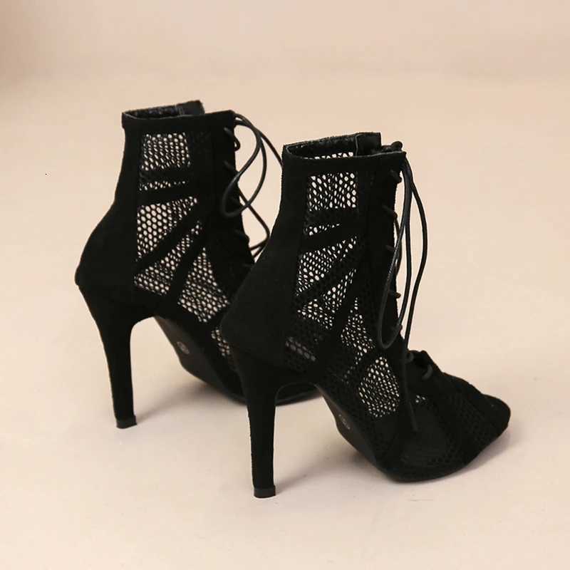 Sexy High Heels Hollow Mesh Sandals Women Summer Cross-tied Peep Toe Heeled Sandals Ankle Strap Dance Shoes Black Net Sandals W250814
