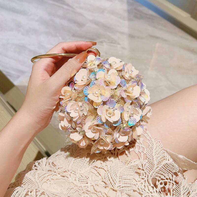 Mini Sequin Flower Evening Bag, Elegant Dinner Clutch Purse, Formal Round Banquet Handbag For Wedding Party Prom
