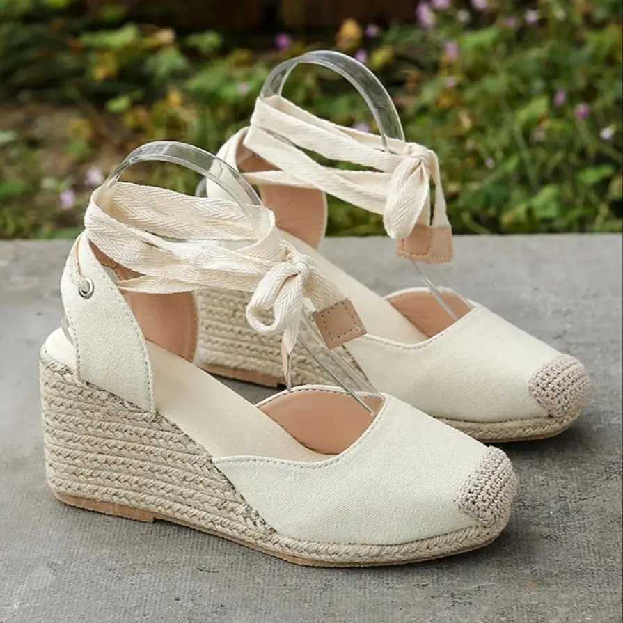 2024 Womens Espadrille Ankle Strap Sandals Comfortable Slippers Ladies Womens Casual Shoes Breathable Flax Hemp Canvas Pumps W250814