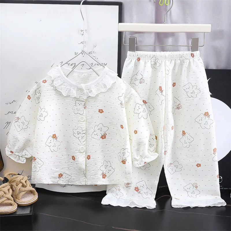 Girls Kids Home Clothes Set Loose Thin Baby Pajamas Fashion Lace Floral Princess Children Air Conditioner Long SleevePants 250813