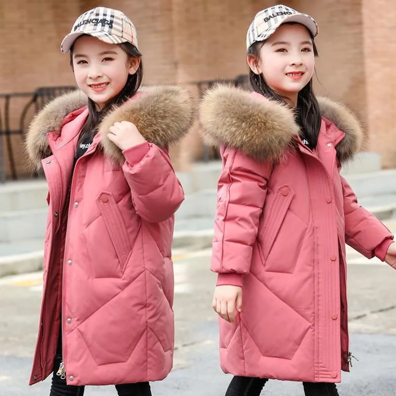5-12 Years Girls Fur Collar Long Down Cotton Jacket Winter Keep Warm Coat Hooded Zipper Outerwear Christmas Kid Teenager Clothes 250813