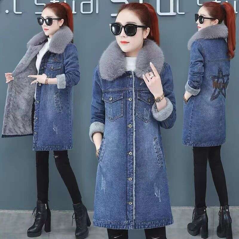 Women Winter Denim Fleece Coat Big Furry Collar Mid Length Flap Pockets Cardigan Warm Thick Casual Lady Jackets
