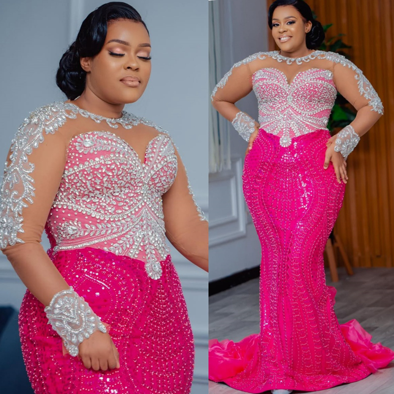 2025 Plus Size Fuchsia Mermaid Prom Dresses Aso Ebi Beaded Lace Appliqued Crystals Rhinestones Long Sleeves Illusion Birthday Dress Second Reception G