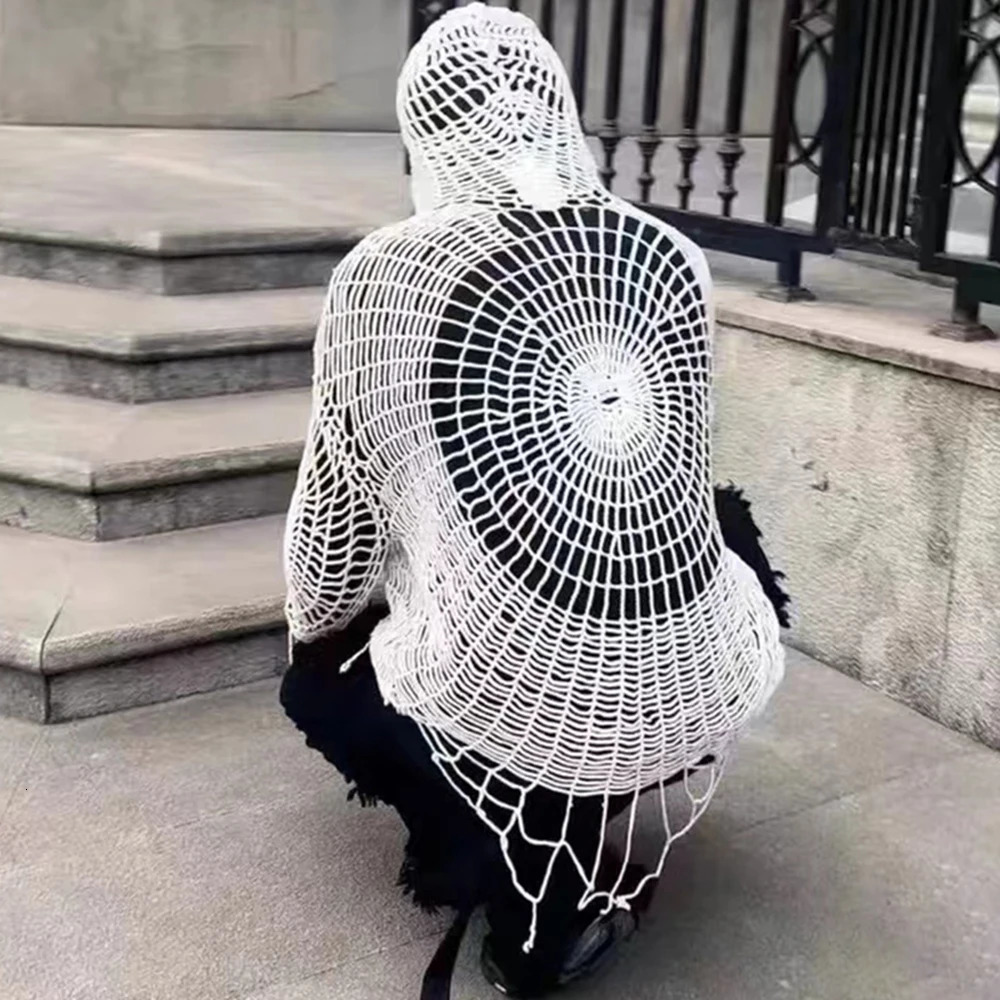 Y2K Street Clothes Spider Web Tops Hollow Hole Hooded Pullover Knitwear Sweater Men Korean Fashion Old Genderless Wear 250813