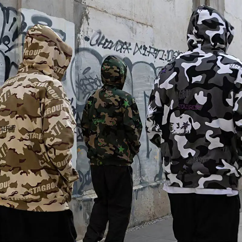 Star Camouflage Mens Hooded Sweater Retro Trend American Street Harajuku Goth Fashion Hip Hop Graffiti Couple Zipper Coat 250813