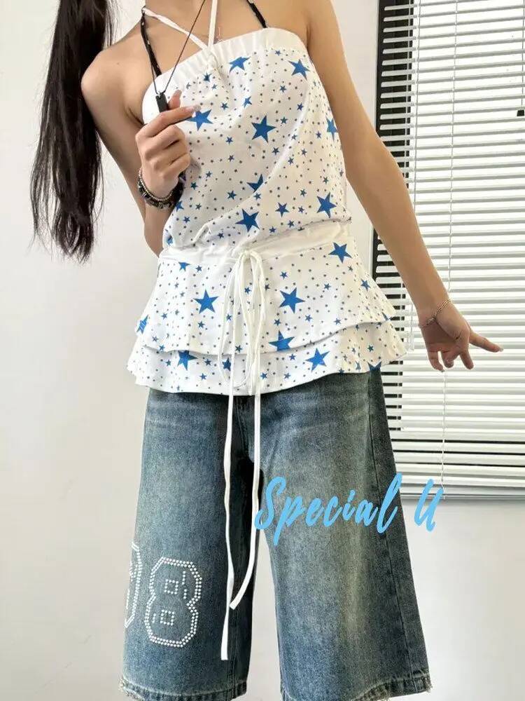 fashion 2025 Fashion Fresh Sweet Star Full Printed White Strap Top Women's Clothing Retro Spicy Girl Slimming Multi functional Harajuku Leisure D