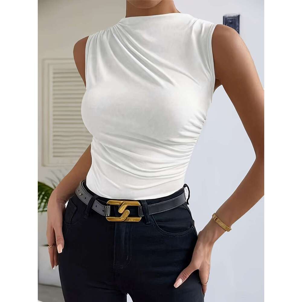 European 2025 Spring Summer New Fashion Versatile designer t shirt Solid Color Ruched Sleeveless Pullover Half High Neck T-Shirt