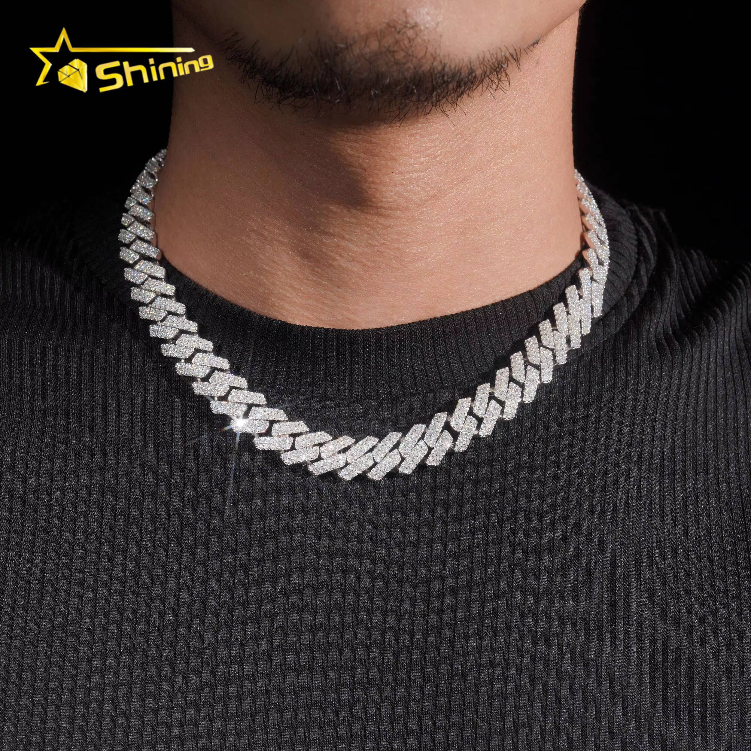 New Style 13mm 2 Rows Solid 925 Sterling Silver Men Hip Hop Jewelry Iced Out VVS Moissanite Cuban Link Chain Necklace