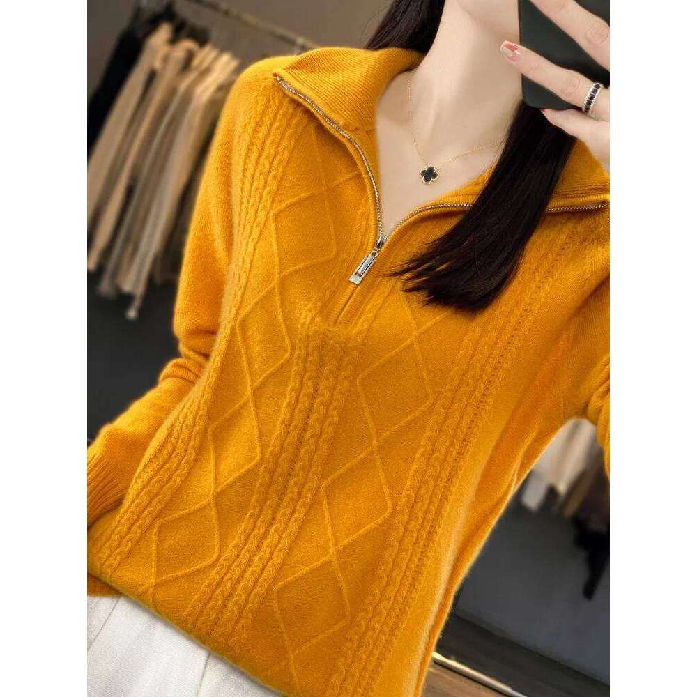 Women 100% Merino Wool Sweater Turtleneck Twisted Zipper Half Open Neck Pullover Autumn Winter Thickened Casual Knit Loose Tops 20250809