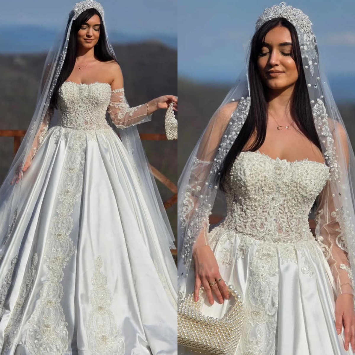 Elegant A Line Women Wedding Dress Strapless Sleeveless Bridal Gowns Appliques Pearls Beaded Sweep Train Dress Customized vestidos de novia